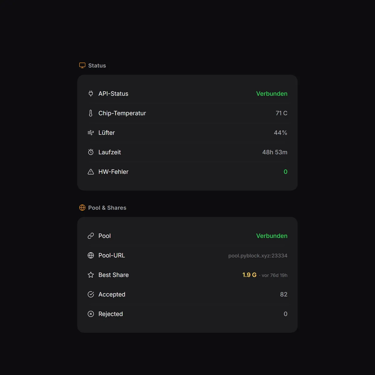MINEOMAT Software – Status mit Laufzeit, Best Share und Pool-Verbindung