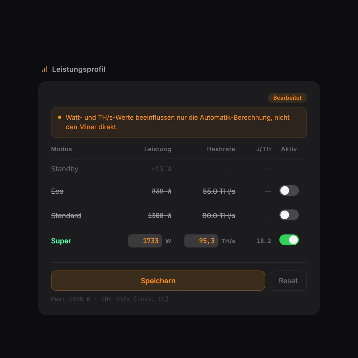 MINEOMAT Software – Leistungsprofil mit Watt und TH/s je Modus